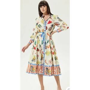 Buelah Fruit Print Midi Dress Button Front Tie Waist Size L